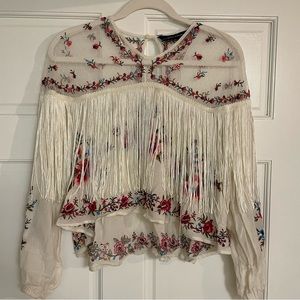 ZARA | sheer shoulder fringe blouse